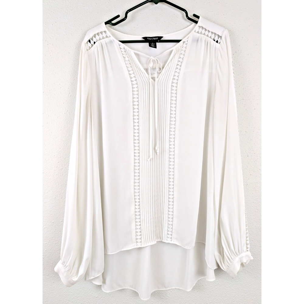 WHBM sz 14 Blouse high low white v-neck long balloon sleeve top 4918
